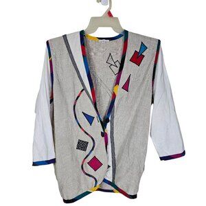 Vintage Lynn Murray Linen Jacket L Geometric Embellished Artsy Teacher Coastal